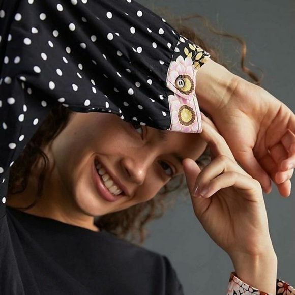 Anthropologie Maeve Split-Back Top Blouse Black Polka Dot Floral Medium Cotton - Picture 3 of 10